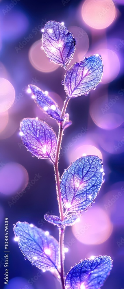 Poster a delicate branch with shimmering leaves illuminated by soft, colorful bokeh lights.