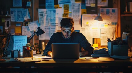 An entrepreneur working late at night at a desk cluttered with business plans and a laptop, representing dedication and ambition