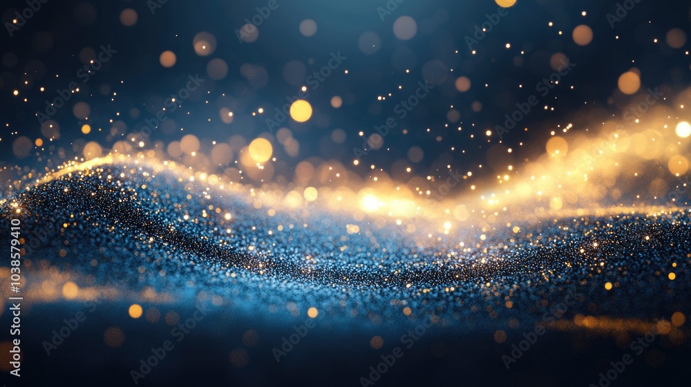 Poster sparkling particles and light trails flowing gracefully across a dark background, creating a sleek a