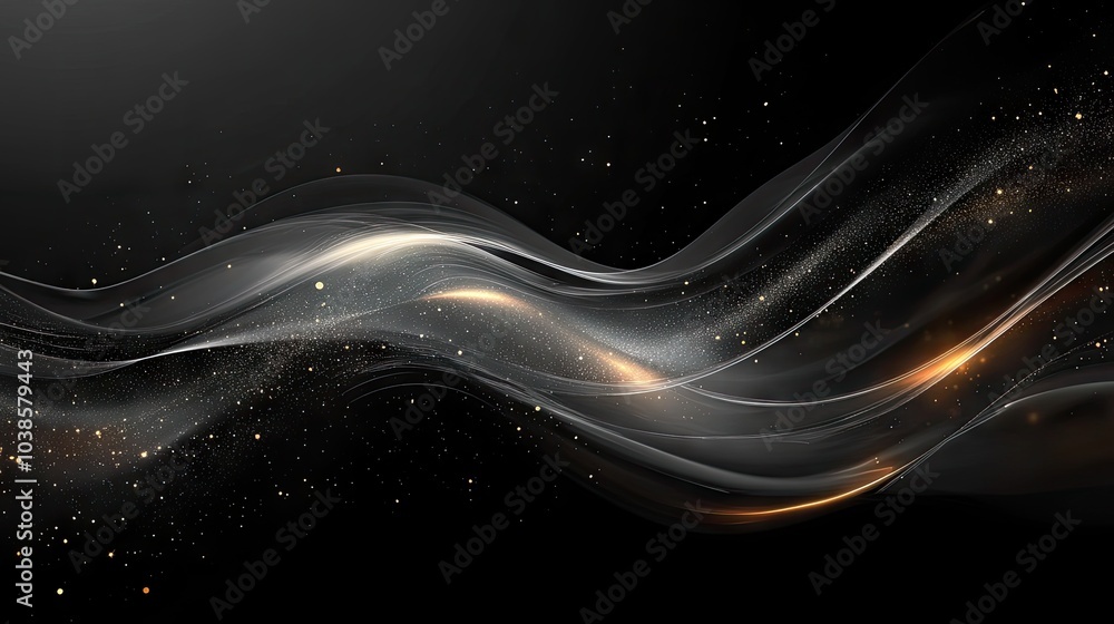 Poster sparkling particles and light trails flowing gracefully across a dark background, creating a sleek a
