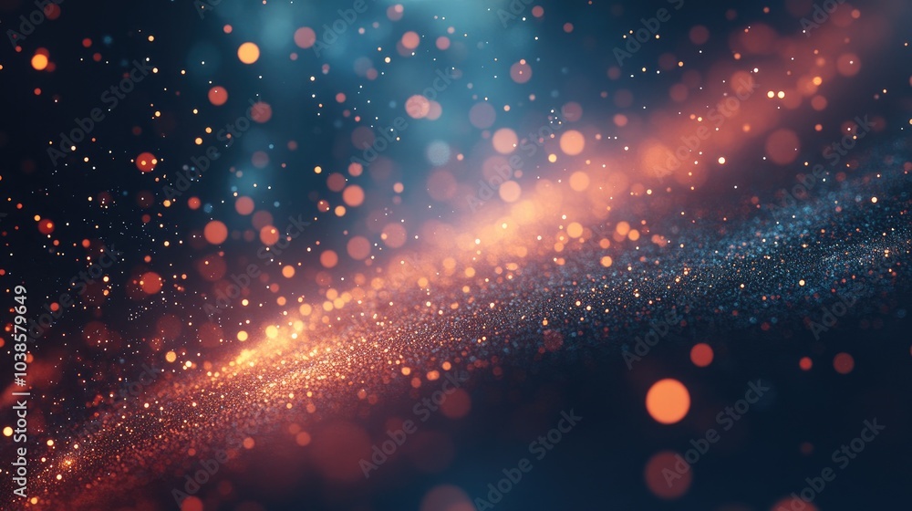Poster sparkling particles with dynamic light trails create a mesmerizing abstract background, full of move