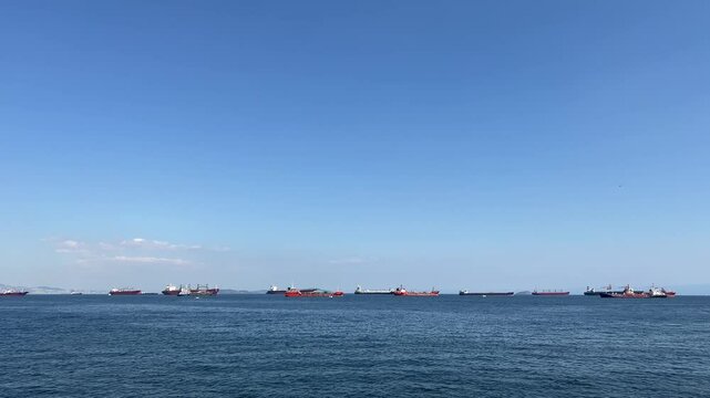   the freight ships anchored on the horizon  T%C3%BCrkiye.