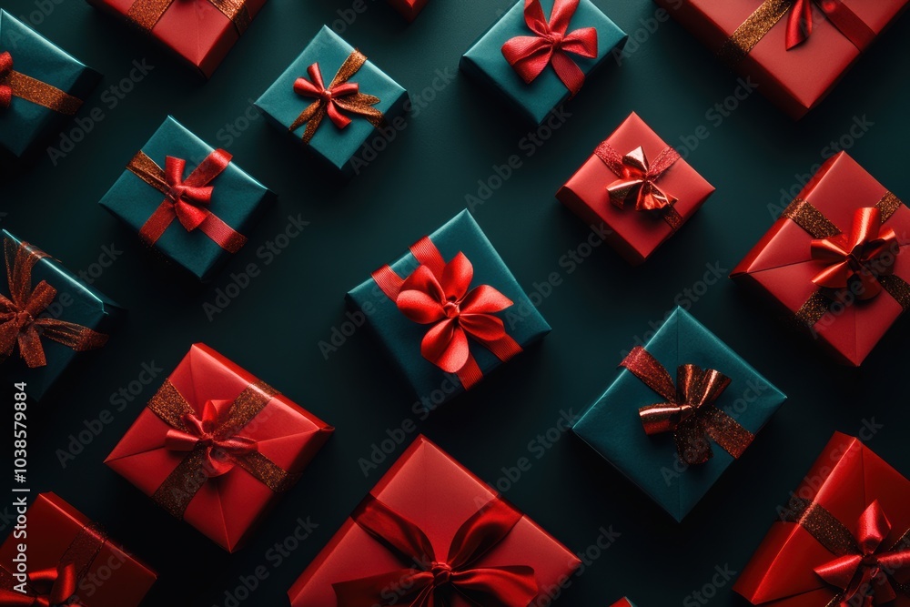 Poster saturated gift boxes in red and teal with luxurious bows are artfully arranged, creating a vibrant a