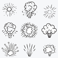 Outline Icons set of cute Booms Explosion