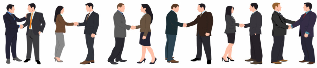 Colleagues shaking hands. Business people handshake, business deal or agreement, businessmen and businesswoman shaking hands set. Office workers handshake