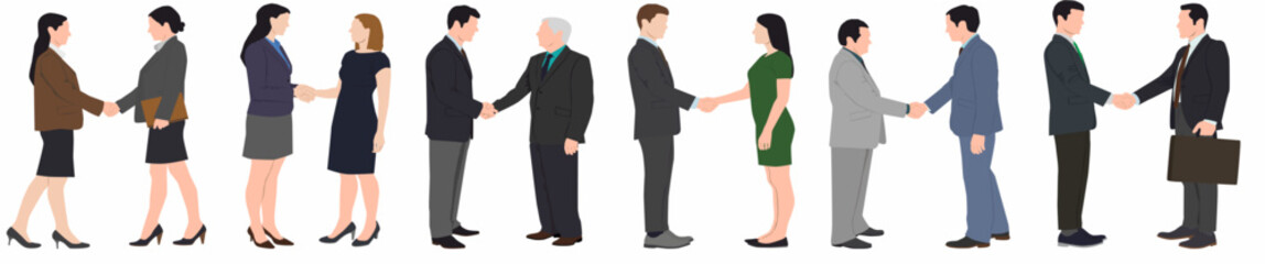 Obraz premium Colleagues shaking hands. Business people handshake, business deal or agreement, businessmen and businesswoman shaking hands set. Office workers handshake