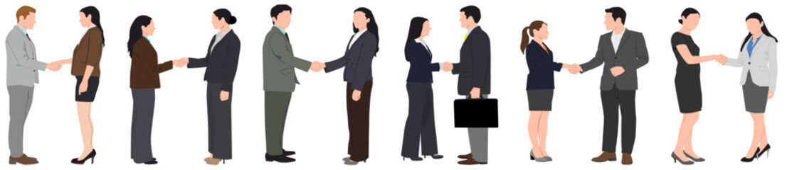 Colleagues shaking hands. Business people handshake, business deal or agreement, businessmen and businesswoman shaking hands set. Office workers handshake