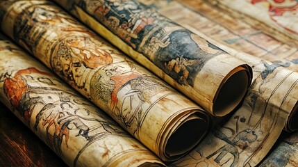 Multiple old, aged scrolls are rolled up side by side on a wooden surface. The scrolls feature intricate and colorful illustrations depicting various scenes and figures. The details include a mix of h