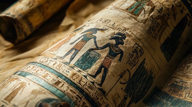 An ancient Egyptian papyrus scroll featuring intricate artwork and hieroglyphs. The artwork includes detailed drawings of Egyptian deities, with a prominent deity depicted with an animal head. The scr