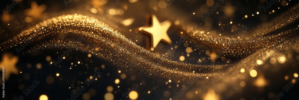 Poster intricate golden spirals and shimmering stars blend seamlessly with light and shadow, capturing the 