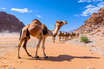 camel herd walking through desert valley, dramatic shadows