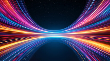 Abstract background, glowing long exposure and speed effect. orange, white, red and blue neon lights on a black background, simple lines, motion blur, minimalism, dark background, flat design,