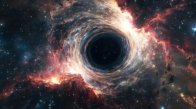 This is a stunning image of a black hole in the vastness of space, surrounded by a swirling vortex of gases and cosmic dust, illuminated by bursts of light and fiery colors. Deep within the central vo