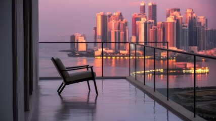 Obraz premium Serene balcony view a lonely chair overlooking a vibrant cityscape at dusk with reflections on water