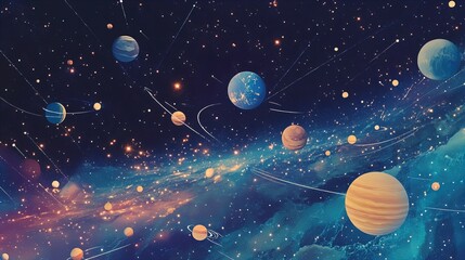 Naklejka premium A vibrant and detailed cosmic scene features multiple planets in a deep space setting. Planets of varying sizes and colors, including blue, orange, and brown, are scattered across the galaxy. Stars an