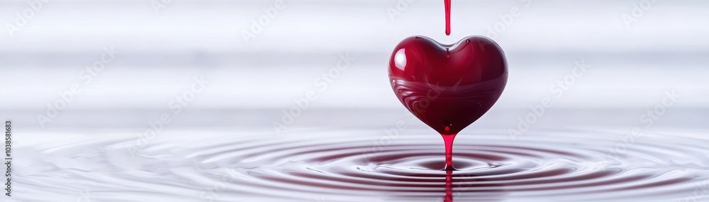 Poster red heart shape with liquid drop creating ripples on the water surface.