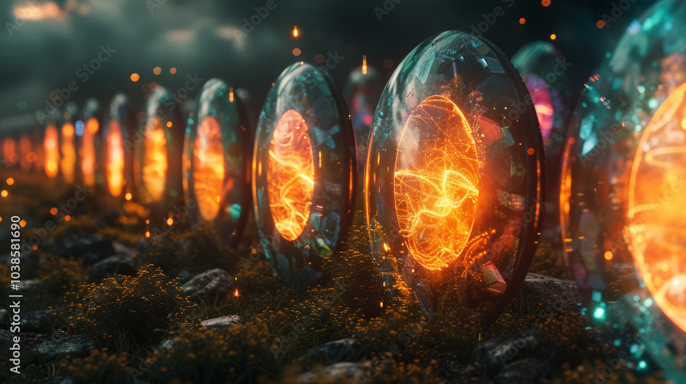 Poster fields of glowing shields arranged in formation, each shield shimmering with a vibrant aura as light