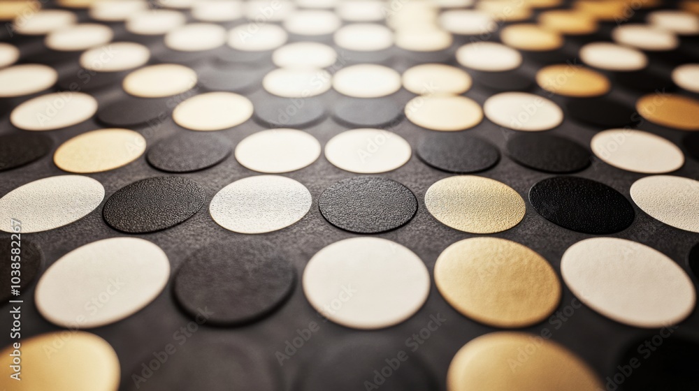 Poster Large and small circles are scattered across a diagonal grid, creating a striking abstract geometric pattern on a textured backdrop. Generative AI