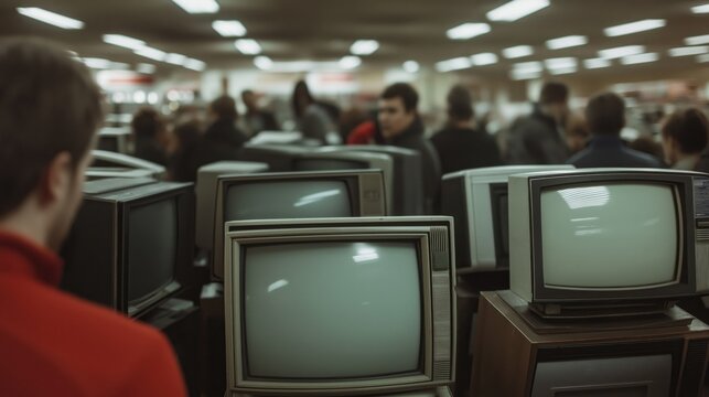 Vintage television display in crowded electronics store setting