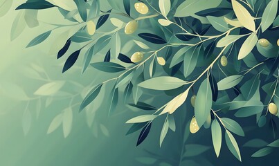 generation AI,Detailed_illustration_of_an_olive_branch_with_lush,Detailed_close-up_of_fresh_green_mint_leaves_covered