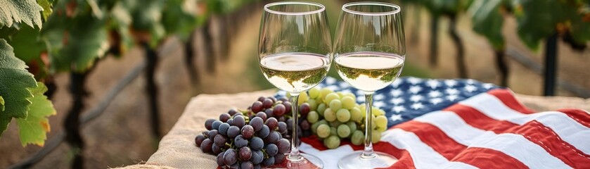 Fourth of July picnic setup with two wine glasses, grapes, and an American flag blanket, summer vineyard backdrop, festive and relaxing atmosphere