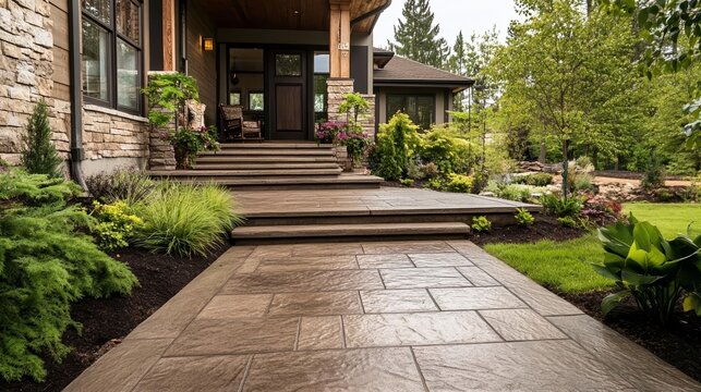 Elegant stamped concrete patio leading to a rustic home entrance, designed to resemble natural flagstone, surrounded by lush greenery