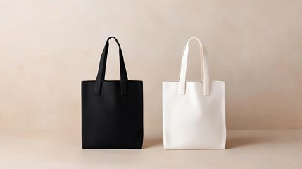 Minimalist canvas tote bags in black and white, standing upright against a neutral backdrop, eco-friendly and reusable shopping concept, simple and sleek