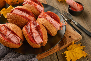 Halloween background. Homemade hot dogs with bloodied fingers on dark table for Halloween. Themed...