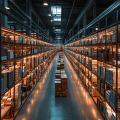 A spacious warehouse filled with neatly stacked shelves of boxes, illuminated by overhead lights, creating a warm and organized atmosphere.