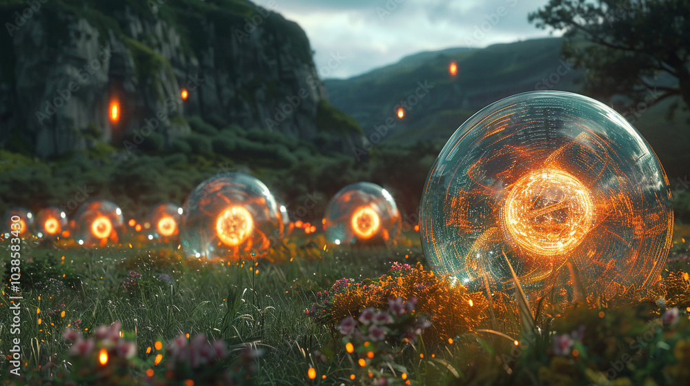 Poster fields of glowing shields arranged in formation, each shield shimmering with a vibrant aura as light