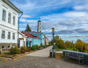 Naberezhnaya street in Yelabuga in Tatarstan, Russia. Old beautiful houses. Bell tower of the...