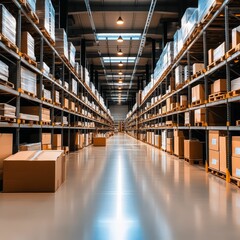Fototapeta premium A large warehouse filled with neatly arranged shelves of boxes, reflecting an organized storage space for efficient inventory management.