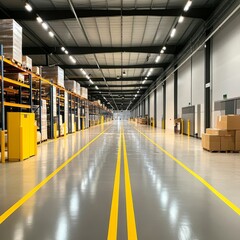Fototapeta premium A spacious warehouse interior featuring orderly shelving and stacks of boxes along a clear pathway illuminated by overhead lights.