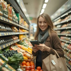 Portrait of happy woman buying groceries in supermarket. Purchasing Goods with Smartphone at Grocery Store. 