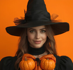 Photo of woman dressed in trendy black Halloween witch outfit isolated on orange background