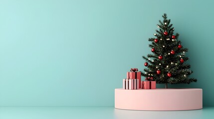 Glowing Christmas Podium with Festive Lights and Gifts 3D