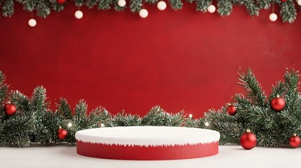 Red Christmas Podium with Snow Holiday Lights and Garlands 3D