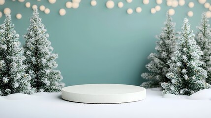 Glittering Christmas Podium with Snow Covered Trees and Festive Lights 3D