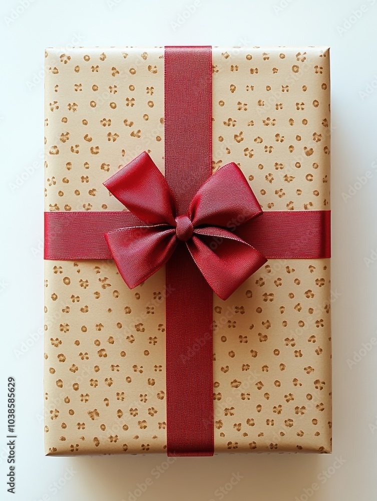Poster The large gift box features neutral-colored wrapping paper with subtle patterns, tied neatly with a vibrant red ribbon and bow. Generative AI