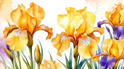 Fototapeta premium Iris flowers in vibrant orange and purple hues, elegant and artistic background