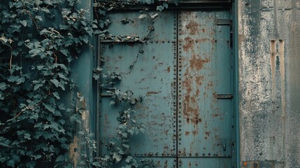 Naklejka premium Closed factory gates with rusting metal and faded paint, symbolizing the decline of industry and the passage of time, reflecting a poignant reminder of economic shifts and the human impact of change