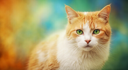 Beautiful ginger cat with green eyes on a colorful blurred background