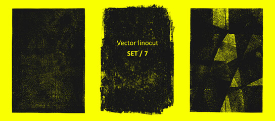 Linocut, relief printing, letterpress rectangle A4 shapes rough textures set, collection. Black linocutting textured backgrounds, text frames. Paint roller geometric stains, lino ink grungy remains