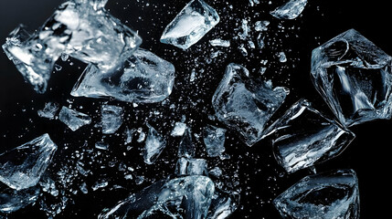 Shattered Ice Particles Floating on Black Background