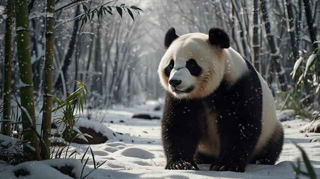 A panda is in the middle of a bamboo forest during winter. Seamless 4K looping timelapse video animation background