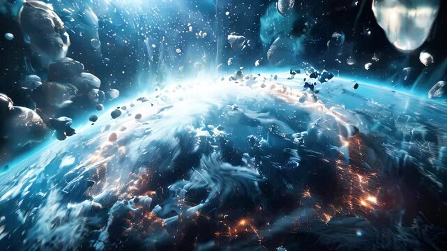 Space storm. Free floating and falling of many dark stones meteorites in space against background of planet.