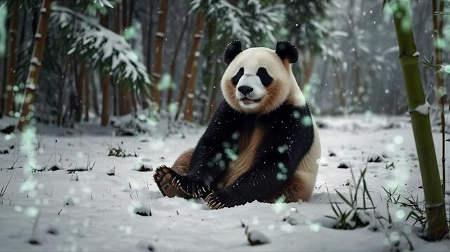 A panda is in the middle of a bamboo forest during winter. Seamless 4K looping timelapse video animation background