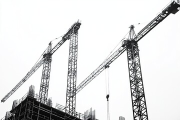 Black and white photograph of cranes at a construction site, wide-angle perspective