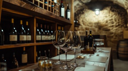 A sophisticated wine tasting area in a quaint cellar, Wine glasses and bottles meticulously positioned, Rustic viniculture style