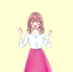 両手で握りこぶしを作る明るい表情の女性